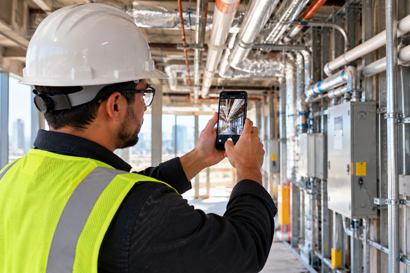 A field engineer in a hard hat and safety vest photographing overhead mechanical piping on site with a smartphone