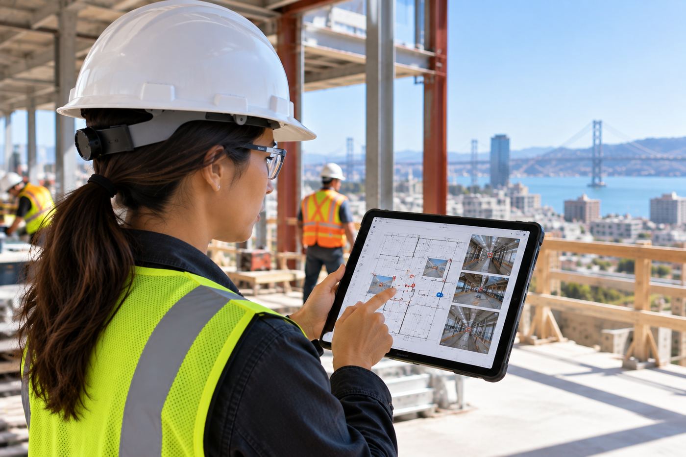 A field engineer reviewing a drawing-anchored report on a tablet at a high-rise construction site